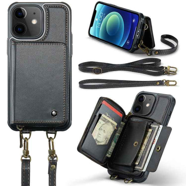 JEEHOOD C22 Series Zipper Wallet Leather Phone Case with Dual Lanyard, For iPhone 13, For iPhone 13 Pro, For iPhone 13 Pro Max, For iPhone 12
