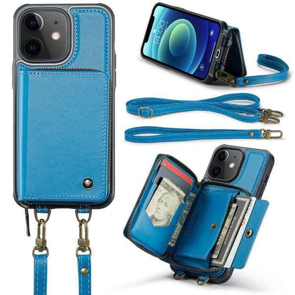JEEHOOD C22 Series Zipper Wallet Leather Phone Case with Dual Lanyard, For iPhone 13, For iPhone 13 Pro, For iPhone 13 Pro Max, For iPhone 12