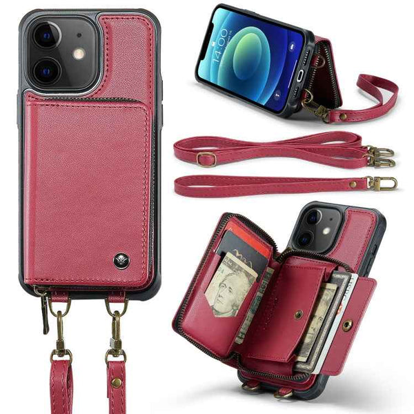 JEEHOOD C22 Series Zipper Wallet Leather Phone Case with Dual Lanyard, For iPhone 13, For iPhone 13 Pro, For iPhone 13 Pro Max, For iPhone 12