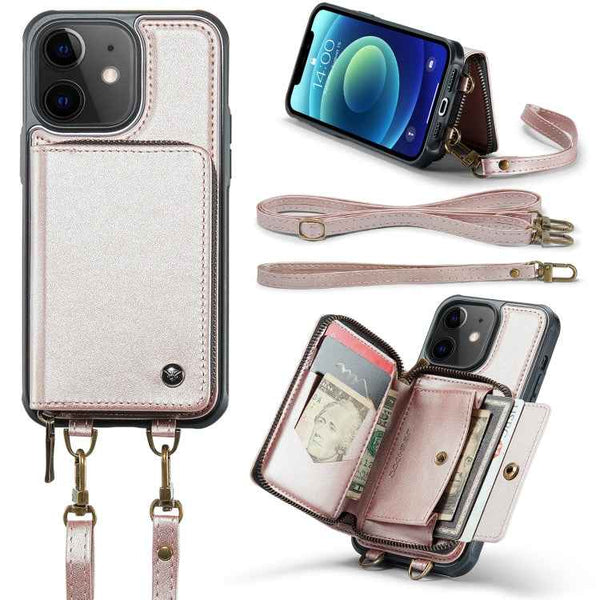 JEEHOOD C22 Series Zipper Wallet Leather Phone Case with Dual Lanyard, For iPhone 13, For iPhone 13 Pro, For iPhone 13 Pro Max, For iPhone 12