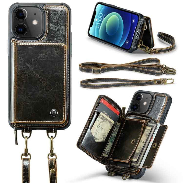 JEEHOOD C22 Series Zipper Wallet Leather Phone Case with Dual Lanyard, For iPhone 13, For iPhone 13 Pro, For iPhone 13 Pro Max, For iPhone 12