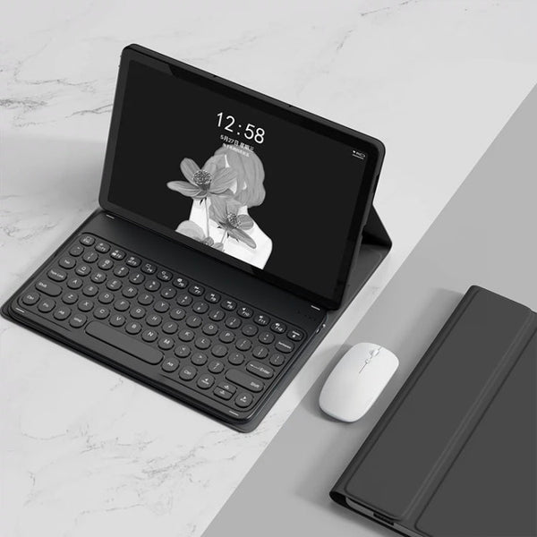 YM-LX106 Round Key Detachable Bluetooth Tablet Keyboard Leather Case with Mouse