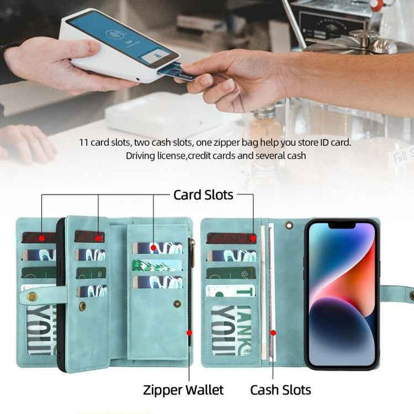 For iPhone 14 Zipper Wallet Magnetic Detachable Leather Phone Case(Blue)