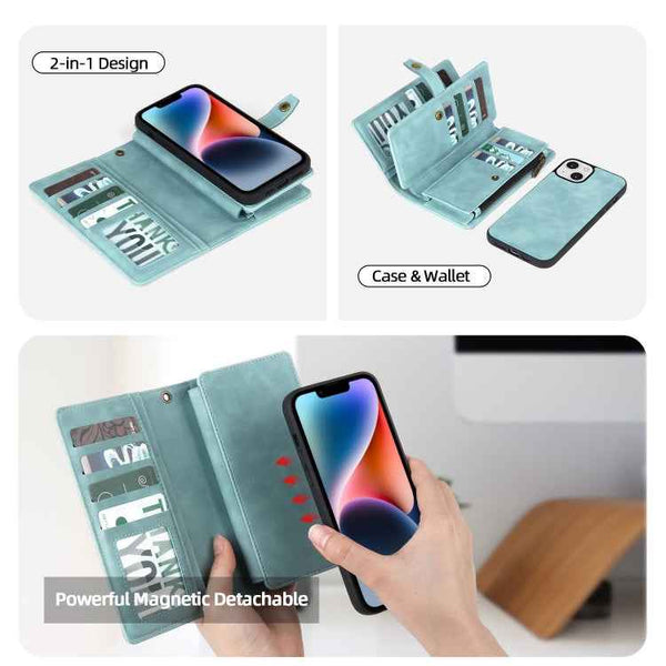 For iPhone 14 Zipper Wallet Magnetic Detachable Leather Phone Case(Blue)