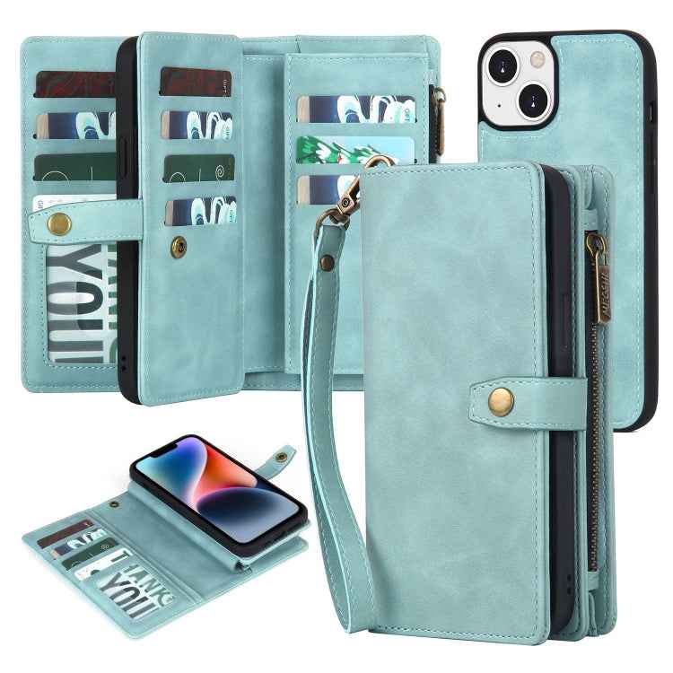 For iPhone 14 Zipper Wallet Magnetic Detachable Leather Phone Case(Blue)