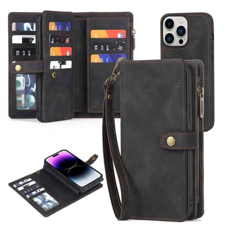 For iPhone 14 Pro Zipper Wallet Magnetic Detachable Leather Phone Case(Black)