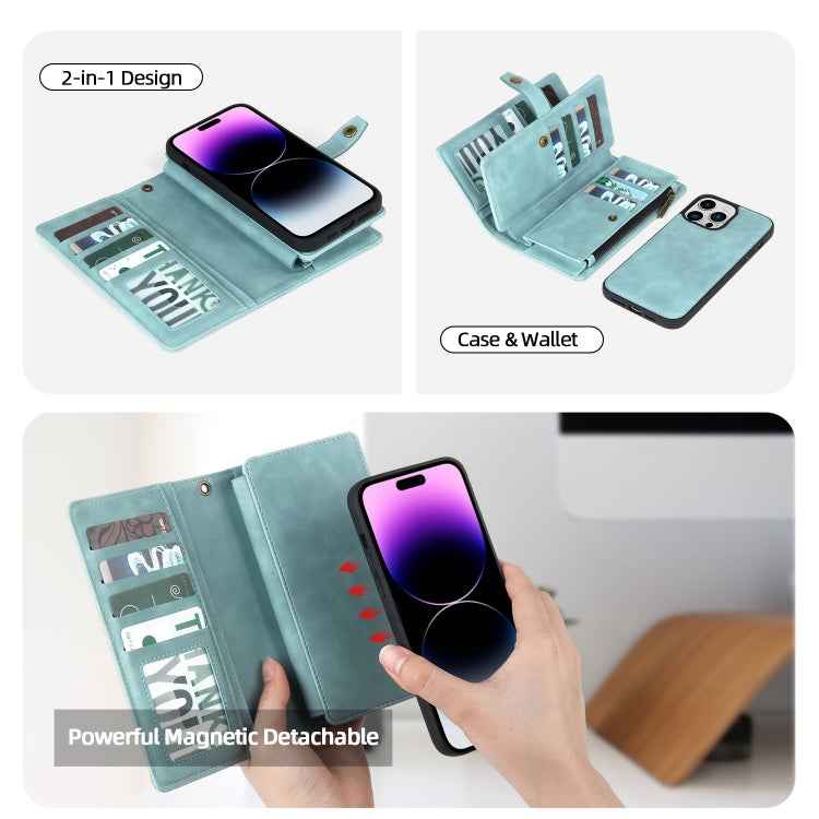 For iPhone 14 Pro Zipper Wallet Magnetic Detachable Leather Phone Case(Blue)