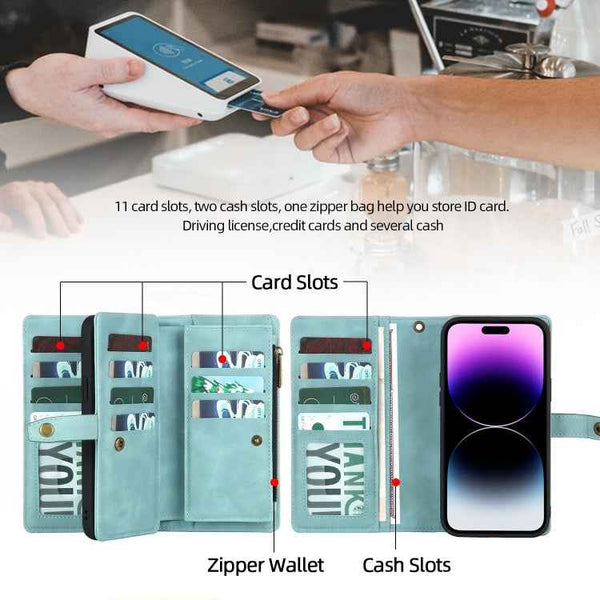For iPhone 14 Pro Max Zipper Wallet Magnetic Detachable Leather Phone Case(Blue)