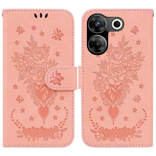 Butterfly Rose Embossed Leather Phone Case, For Tecno Camon 20 Pro 4G, For Tecno Pova 5, For Tecno Spark 10 5G, For Tecno Spark 10 Pro