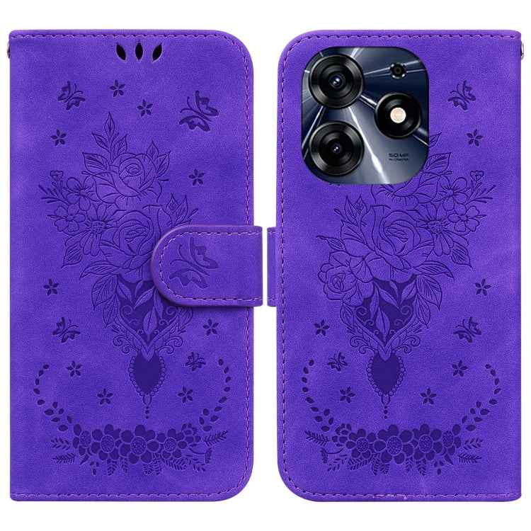 Butterfly Rose Embossed Leather Phone Case, For Tecno Camon 20 Pro 4G, For Tecno Pova 5, For Tecno Spark 10 5G, For Tecno Spark 10 Pro