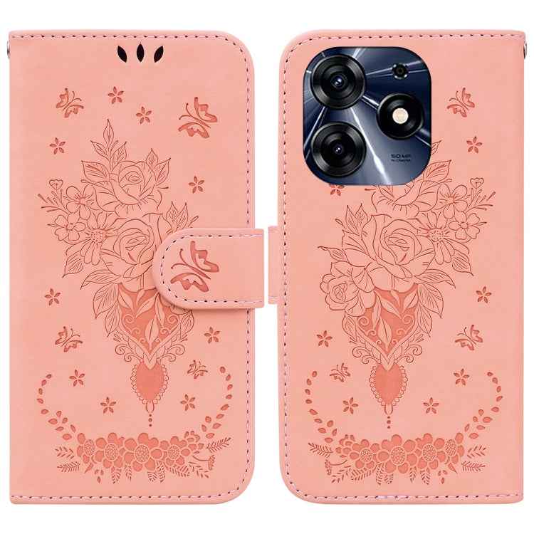 Butterfly Rose Embossed Leather Phone Case, For Tecno Camon 20 Pro 4G, For Tecno Pova 5, For Tecno Spark 10 5G, For Tecno Spark 10 Pro