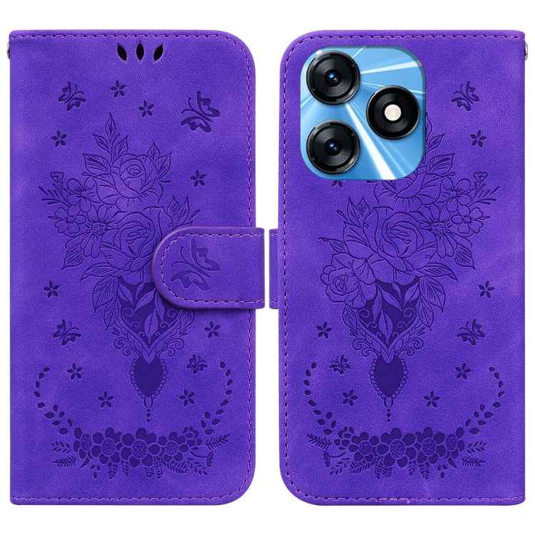 Butterfly Rose Embossed Leather Phone Case, For Tecno Spark 10 / Spark 10C
