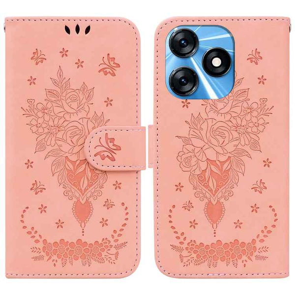 Butterfly Rose Embossed Leather Phone Case, For Tecno Spark 10 / Spark 10C