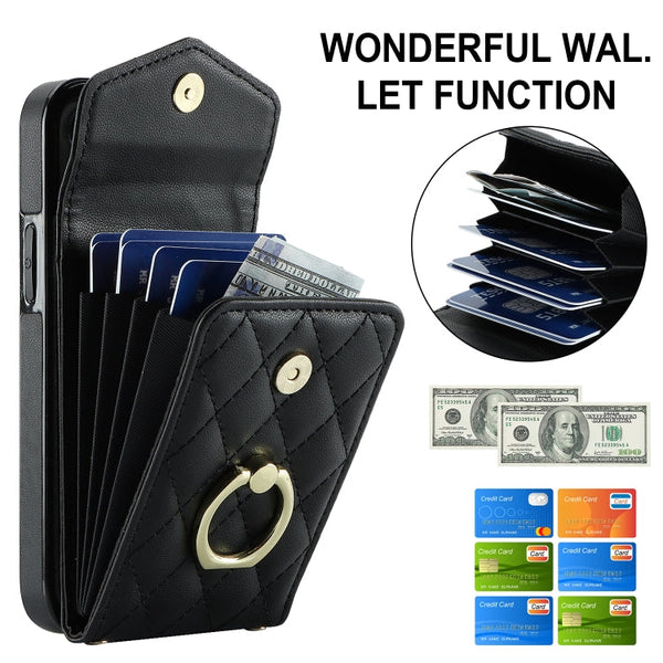 Rhombic Texture Card Bag Phone Case with Long Lanyard