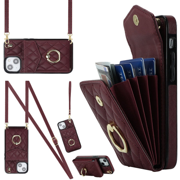 Rhombic Texture Card Bag Phone Case with Long Lanyard