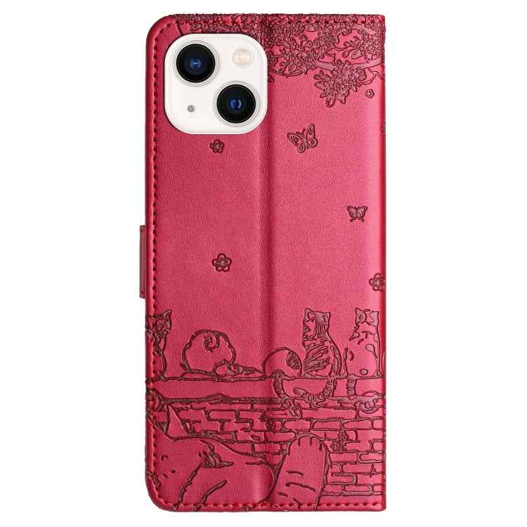 Cat Embossing Pattern Leather Phone Case with Lanyard, For iPhone 15, For iPhone 14 Plus, For iPhone 14, For iPhone 14 Pro