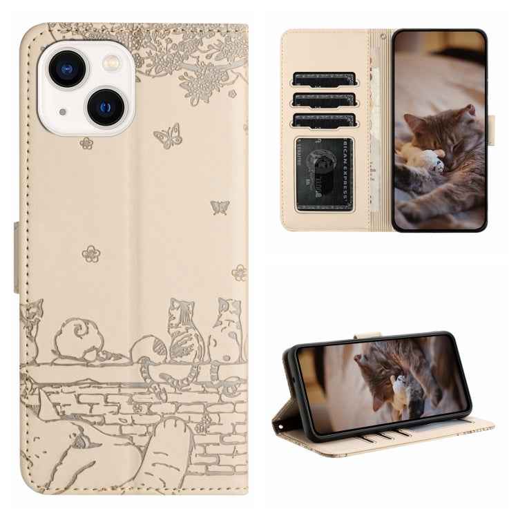 Cat Embossing Pattern Leather Phone Case with Lanyard, For iPhone 15, For iPhone 14 Plus, For iPhone 14, For iPhone 14 Pro