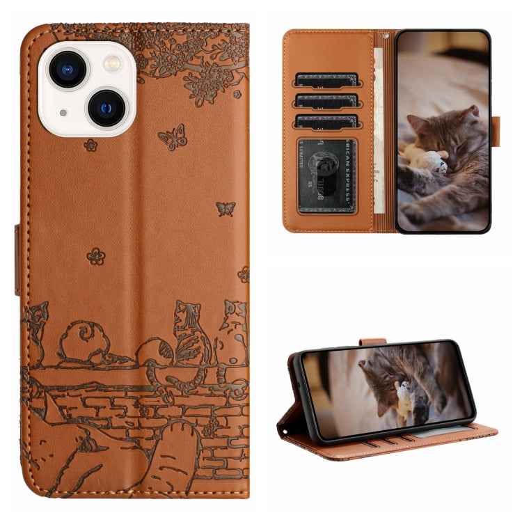 Cat Embossing Pattern Leather Phone Case with Lanyard, For iPhone 15, For iPhone 14 Plus, For iPhone 14, For iPhone 14 Pro