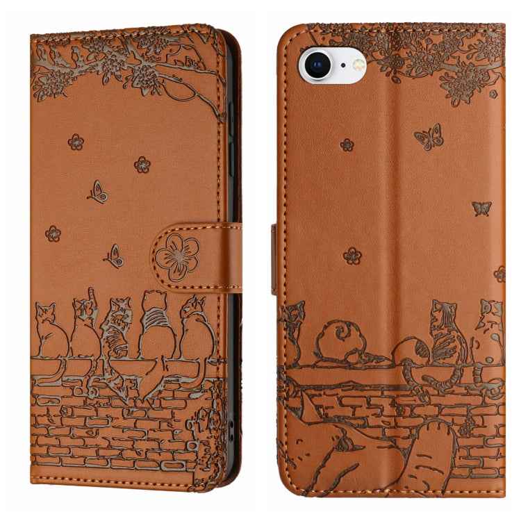 Cat Embossing Pattern Leather Phone Case with Lanyard, iPhone 16e, For iPhone 16 Pro Max, For iPhone 16 Pro, For iPhone 16 Plus
