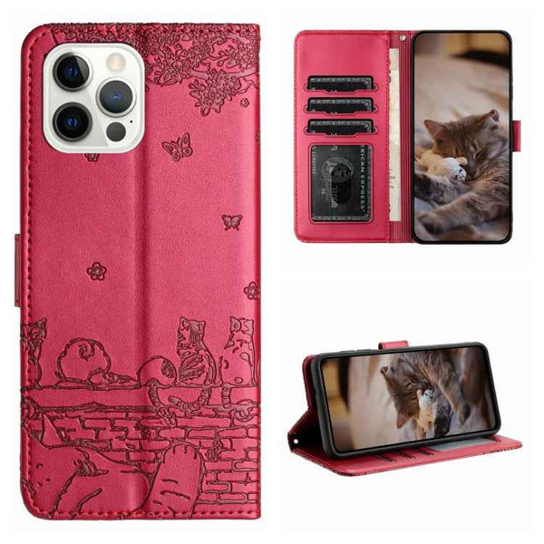 Cat Embossing Pattern Leather Phone Case with Lanyard, iPhone 16e, For iPhone 16 Pro Max, For iPhone 16 Pro, For iPhone 16 Plus