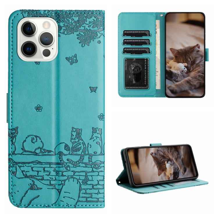 Cat Embossing Pattern Leather Phone Case with Lanyard, iPhone 16e, For iPhone 16 Pro Max, For iPhone 16 Pro, For iPhone 16 Plus