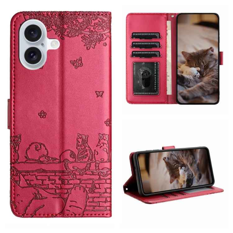 Cat Embossing Pattern Leather Phone Case with Lanyard, iPhone 16e, For iPhone 16 Pro Max, For iPhone 16 Pro, For iPhone 16 Plus