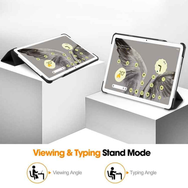 For Google Pixel Tablet Custer Pure Color 3-Fold Holder Smart Leather Tablet Case(Black)