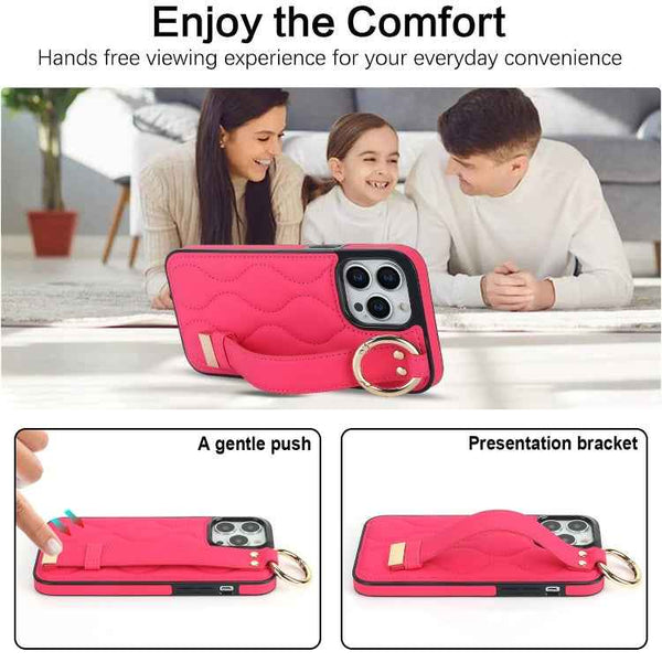 For iPhone 13 Pro Non-slip Full Coverage Ring PU Phone Case with Wristband(Rose Red)