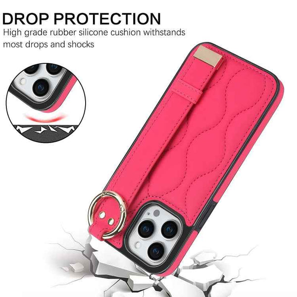 For iPhone 13 Pro Max Non-slip Full Coverage Ring PU Phone Case with Wristband(Rose Red)