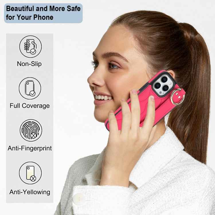 For iPhone 13 Pro Max Non-slip Full Coverage Ring PU Phone Case with Wristband(Rose Red)