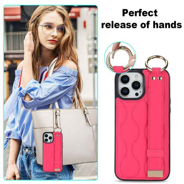 For iPhone 13 Pro Max Non-slip Full Coverage Ring PU Phone Case with Wristband(Rose Red)