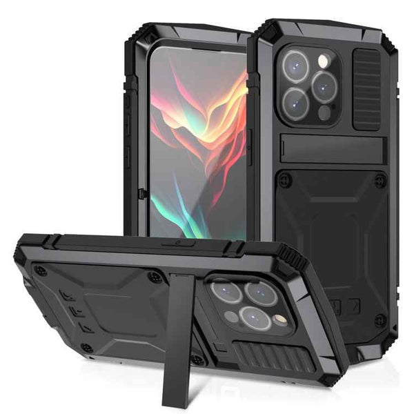 For iPhone 15 Pro R-JUST Shockproof Life Waterproof Dust-proof Metal + Silicone Phone Case with Holder(Black)