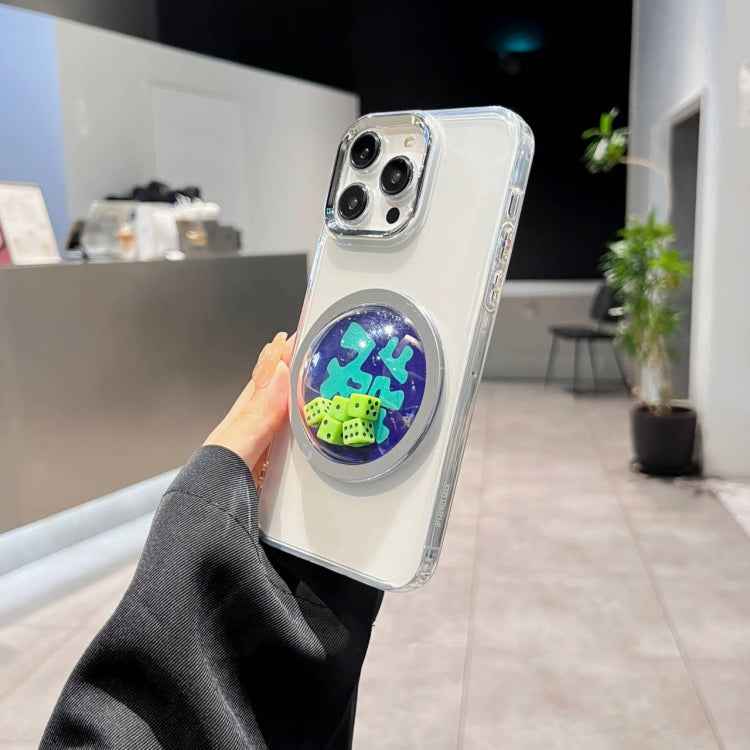 For iPhone 13 Electroplated Lens Ring Transparent Phone Case(Green Dice)