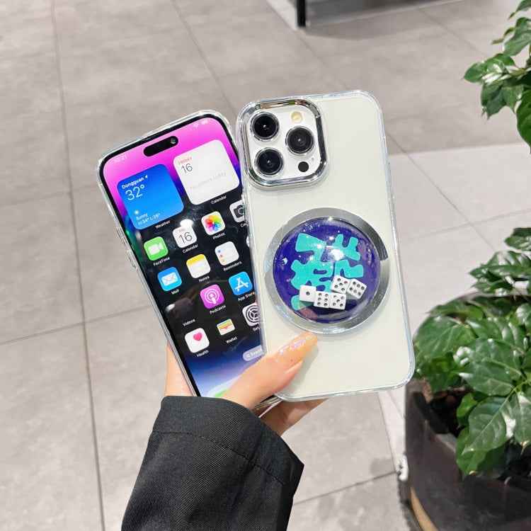 For iPhone 13 Electroplated Lens Ring Transparent Phone Case(Green Dice)