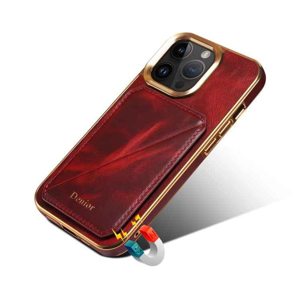 For iPhone 13 Pro Max Denior Oil Wax Leather Electroplating Card Slot Holder Phone Case(Red)