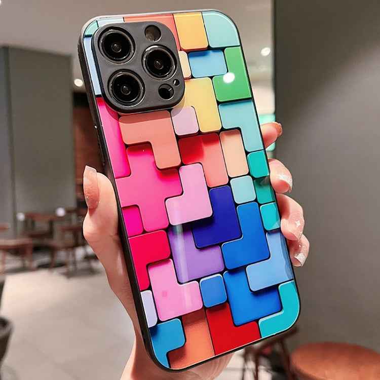 For iPhone 13 mini Colorful Toy Bricks Pattern Shockproof Glass Phone Case(Black)