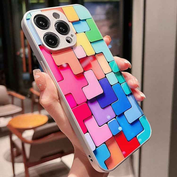 For iPhone 13 Pro Max Colorful Toy Bricks Pattern Shockproof Glass Phone Case(Silver)