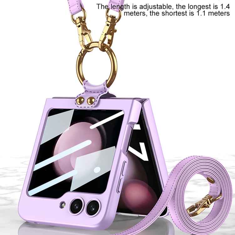 For Samsung Galaxy Z Flip5 GKK Ultra-thin PC Full Coverage Ring Holder Phone Case with Strap(Dark Green)