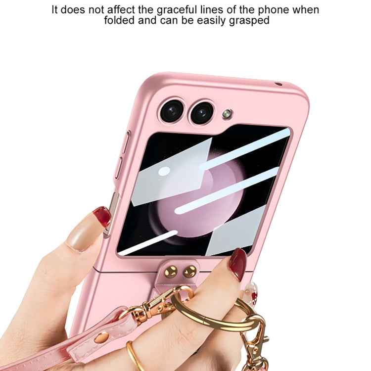 For Samsung Galaxy Z Flip5 GKK Ultra-thin PC Full Coverage Ring Holder Phone Case with Strap(Dark Green)