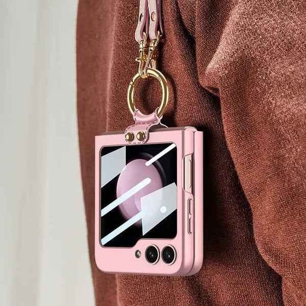 For Samsung Galaxy Z Flip5 GKK Ultra-thin PC Full Coverage Ring Holder Phone Case with Strap(Dark Green)