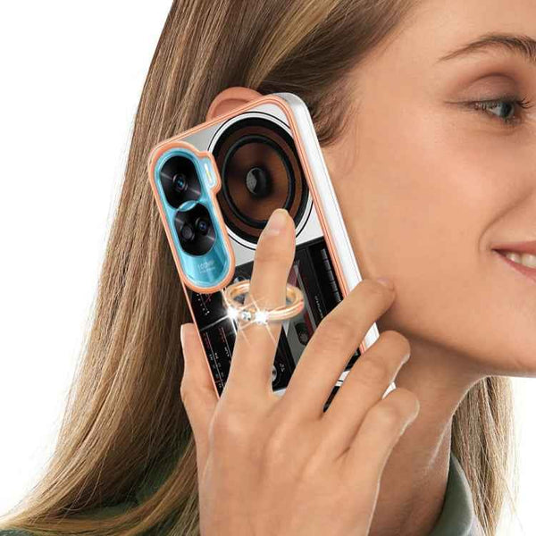 For Honor 90 Lite 5G Electroplating Dual-side IMD Phone Case with Ring Holder(Retro Radio)