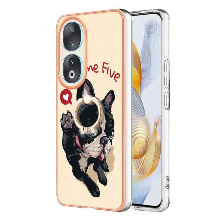 For Honor 90 5G Electroplating Dual-side IMD Phone Case with Ring Holder(Lucky Dog)