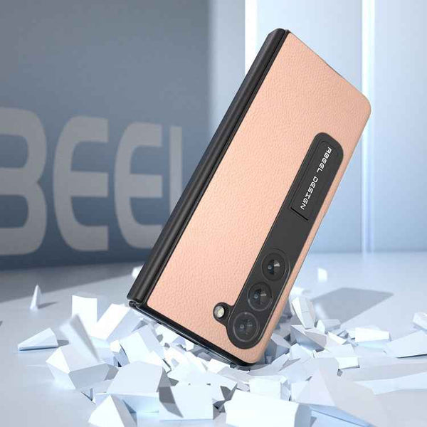 For Samsung Galaxy Z Fold5 ABEEL Integrated Genuine Leather + PC Litchi Texture Phone Case with Holder(Pink Gold)