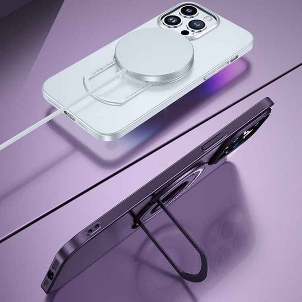 For iPhone 15 Pro Max Matte Magsafe Magnetic Phone Case with Trolley Holder(Black)