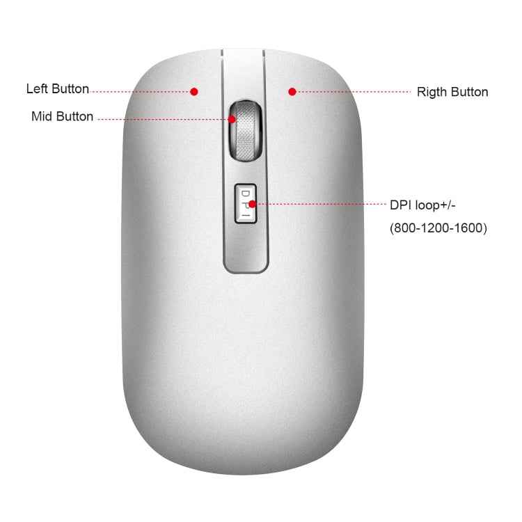 HXSJ M50 2.4GHZ 800,1200,1600dpi Three Gear Adjustment Dual-mode Wireless Mouse USB + Bluetooth 5.1 Rechargeable(Silver)