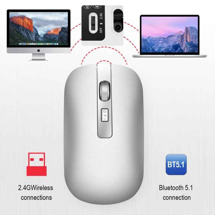 HXSJ M50 2.4GHZ 800,1200,1600dpi Three Gear Adjustment Dual-mode Wireless Mouse USB + Bluetooth 5.1 Rechargeable(Silver)