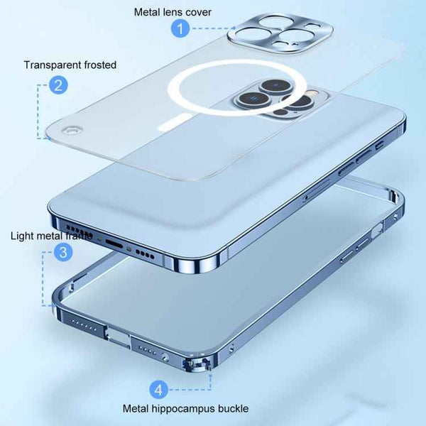 For iPhone 15 Pro Max Metal Frame Frosted PC Shockproof MagSafe Case(Ocean Blue)