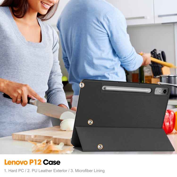 For Lenovo Tab P12/Xiaoxin Pad Pro 12.7 inch Custer Solid Color 3-Fold Stand Leather Tablet Case(Black)