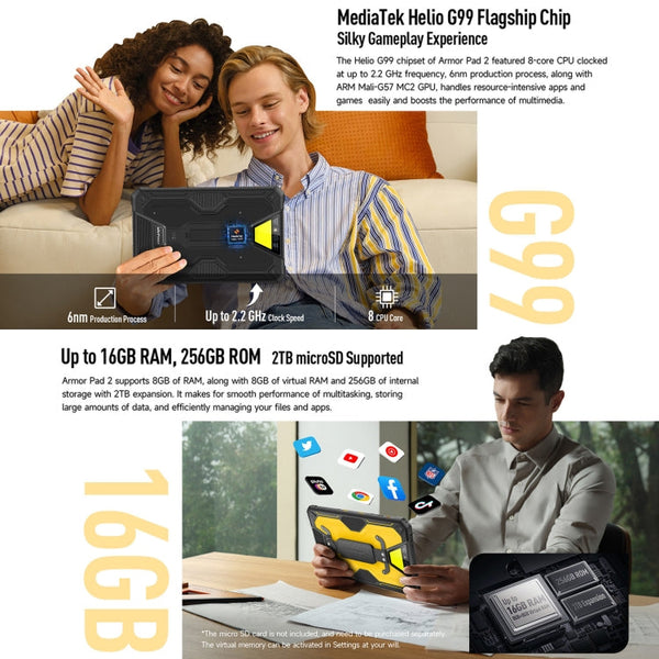 Ulefone Armor Pad 2 Rugged Tablet PC, 16GB+256GB 11 inch Android 13 MediaTek Helio G99 Octa Core 4G Network