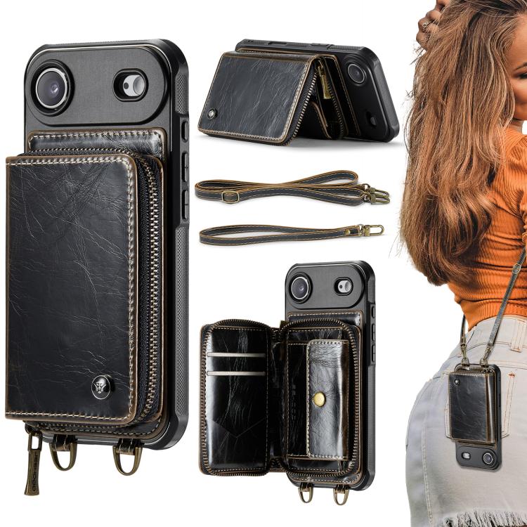 JEEHOOD C22 Series Zipper Wallet Leather Phone Case with Dual Lanyard